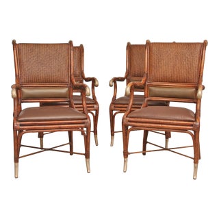 Set of 4 Vintage Maitland Smith Style Cane Armchairs With Silvered Armrest and Leg End Caps For Sale