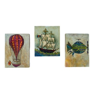 Vintage Mini Folk Art Paintings, Set of 3 - Unknown Arist For Sale