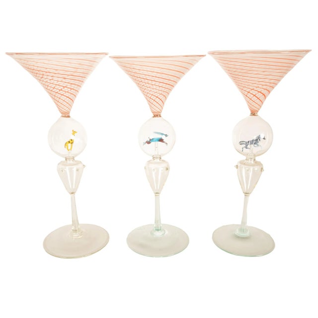 Art Deco Antique Set 3 Handblown Martini Glasses Animals Bimini Werkstätte Austria 1925 For Sale - Image 3 of 15