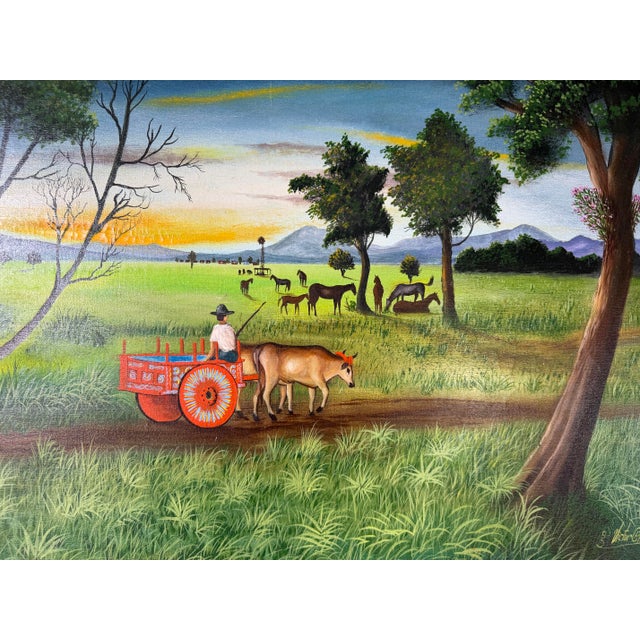 1980s Vintage Victor Chavarría M. Folk Art Spanish Landscape Oil on Canvas Painting, Framed For Sale - Image 5 of 12