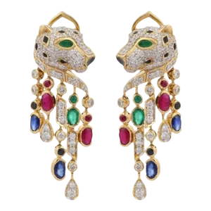 VRJewels Ruby, Emerald, Sapphire and Diamond Panther Earring in 14k Yellow Gold, a Pair