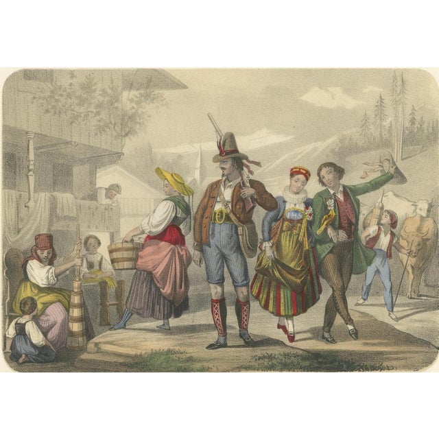 After Fossey, Swiss and Tyrolean Costumes, Fiancés of Fribourg and Tyrolean Figures, 1845, Lithograph For Sale - Image 3 of 9