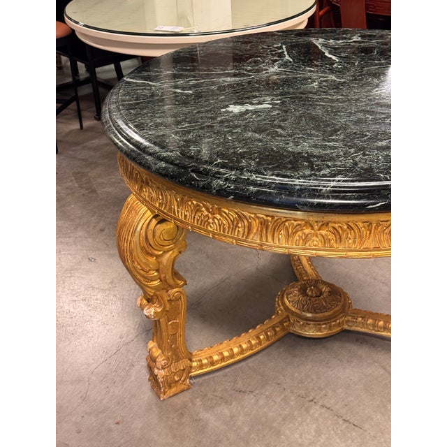 French Louis XV Style 23 K Gold Carved Wood Center Table + Marble Top For Sale - Image 12 of 12