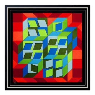 Late 20th Century Kinetic Composition Geometric Abstract Red Collage Silkscreen Victor Vasarely For Sale