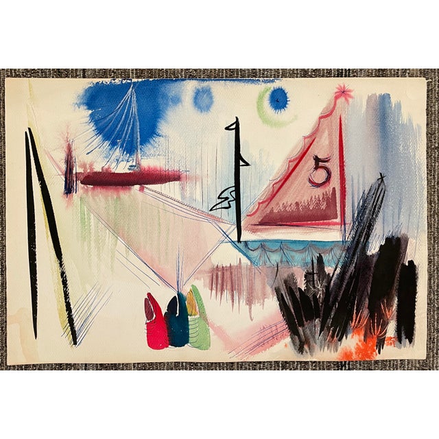 MCM painting on paper by artist Robert Colborne (1931-2002) of coastal and nautical themes complete with a sailboat, boys...