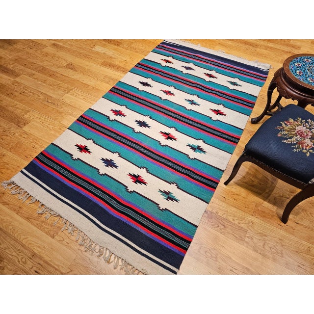 Late 20th Century Vintage American Southwestern Kilim, Handwoven Wool, Stripe Pattern, Ivory & Green, 4’ X 8’ For Sale - Image 5 of 12