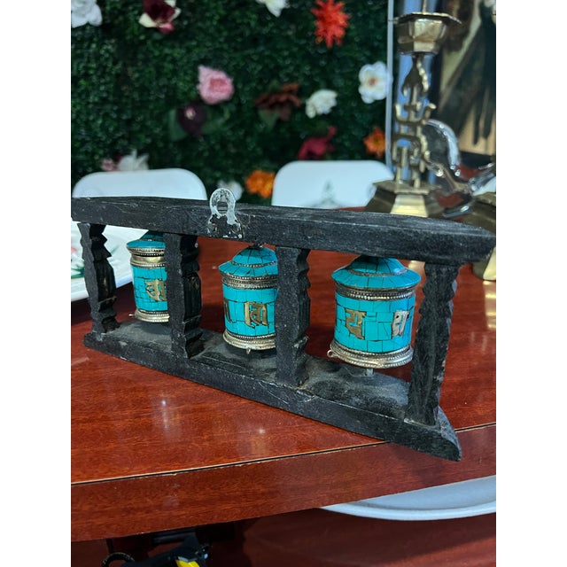 Teal Vintage Tibetan Wall Hanging Teal and Black Prayer Wheel For Sale - Image 8 of 11