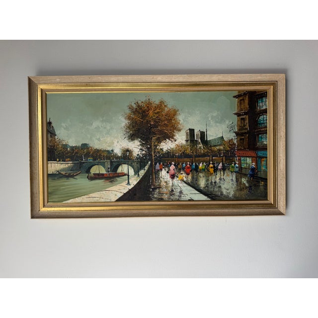Stunning Vintage French Impressionist Oil Painting on Masonite, depicting a lively Parisian street scene. The composition...