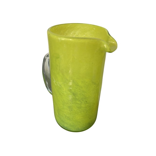 Vintage Mid-Century Modern Art Glass Pitcher – Lime Green Crackle Dimple Design, Hand-Blown For Sale - Image 9 of 10