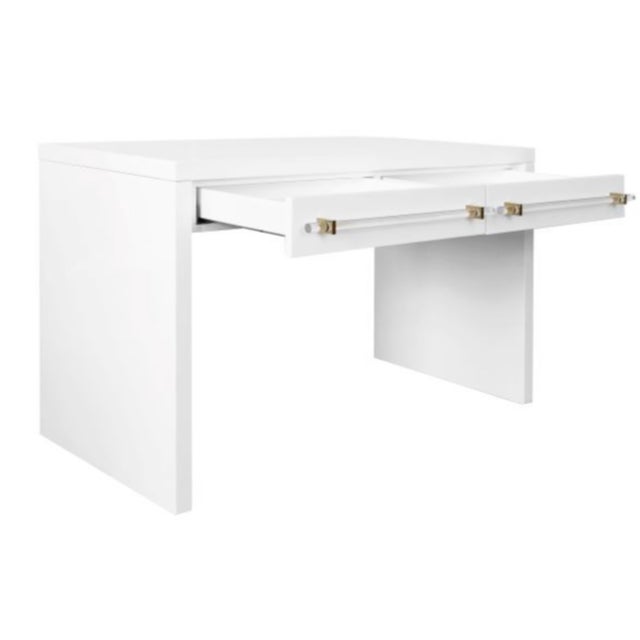 Contemporary Matthew Izzo Home Ralph Glossy White Lacquer Two Drawer Executive Desk With Acrylic and Brass Hardware For Sale - Image 3 of 5