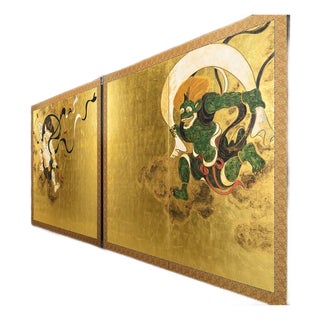 Made-to-Order Japanese Two-Panel Folding Screens “Wind and Thunder Gods” | Hand-Applied Kanazawa Gold Leaf For Sale