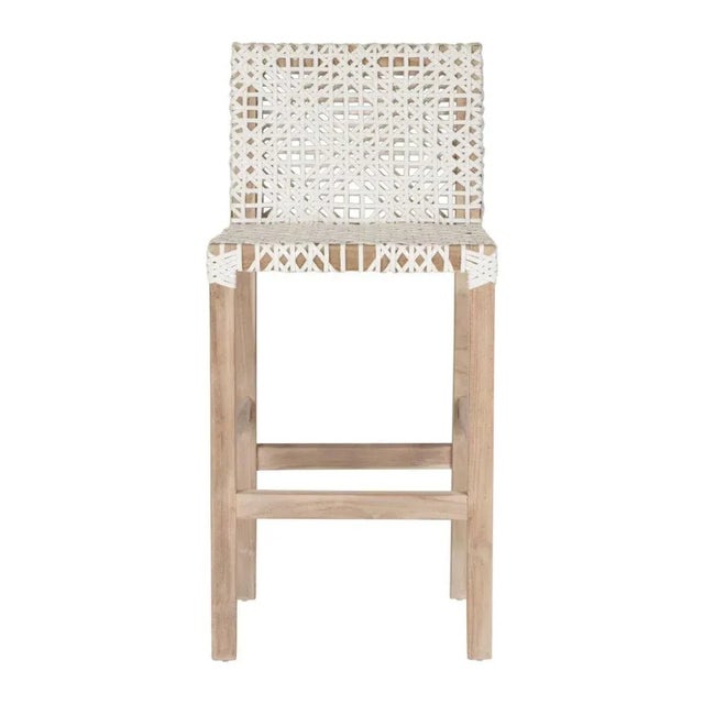 Transitional White Leather Woven Lulua Counter Stool Teak Wood For Sale - Image 3 of 5