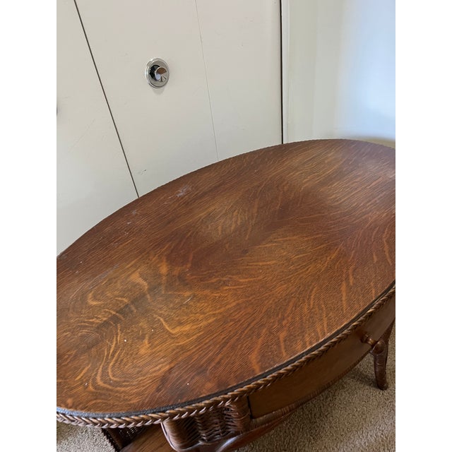Wood Vintage Haywood Wakefield Wicker and Oak Desk/Library Table With Drawer For Sale - Image 7 of 10