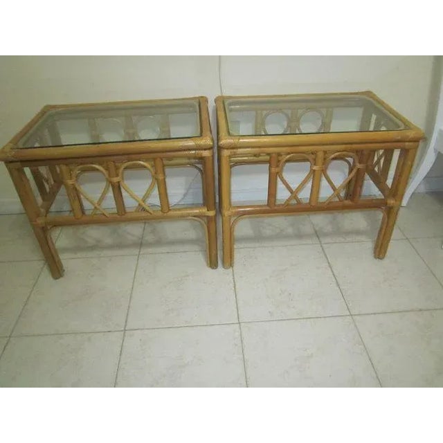 1990s Vintage Tiki Palm Beach Bamboo Rattan End Table Glass Top Honey Color Set of 2 For Sale - Image 4 of 12