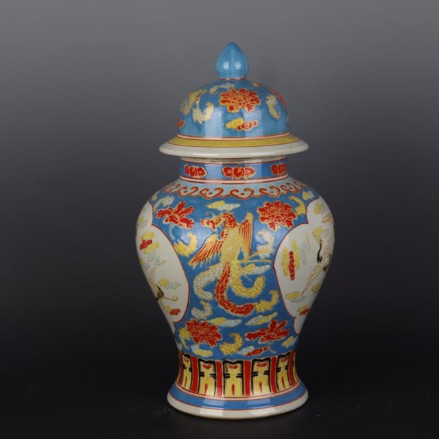 Antique Chinese Ceramic Pot Qing Dynasty Qianlong Marked Blue Ground Famille Rose Porcelain Ginger Jar Hand Painted Cranes Pattern For Sale - Image 4 of 8