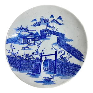 Antique Japanese Blue and White Porcelain Charger Plate With Pictorial Spring Scene