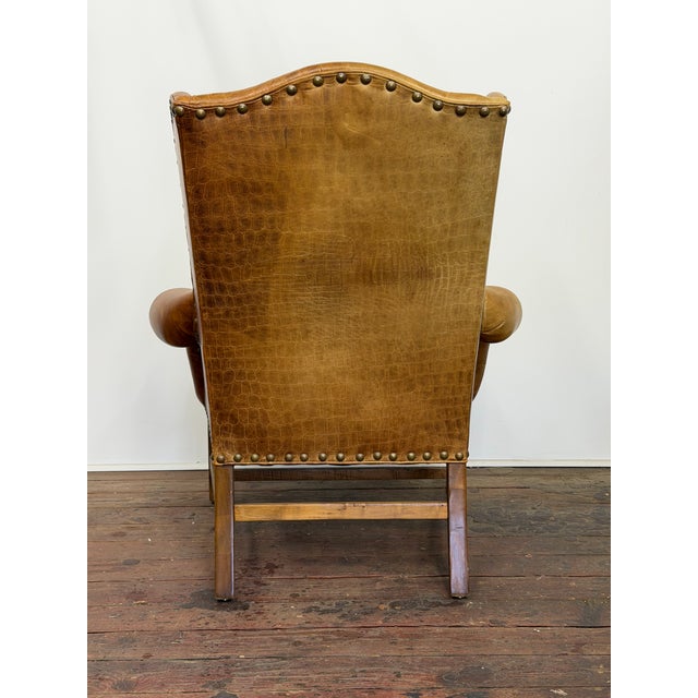 Embossed Cognac Leather Wing Back Chair by Davis and Shaw For Sale In New York - Image 6 of 17