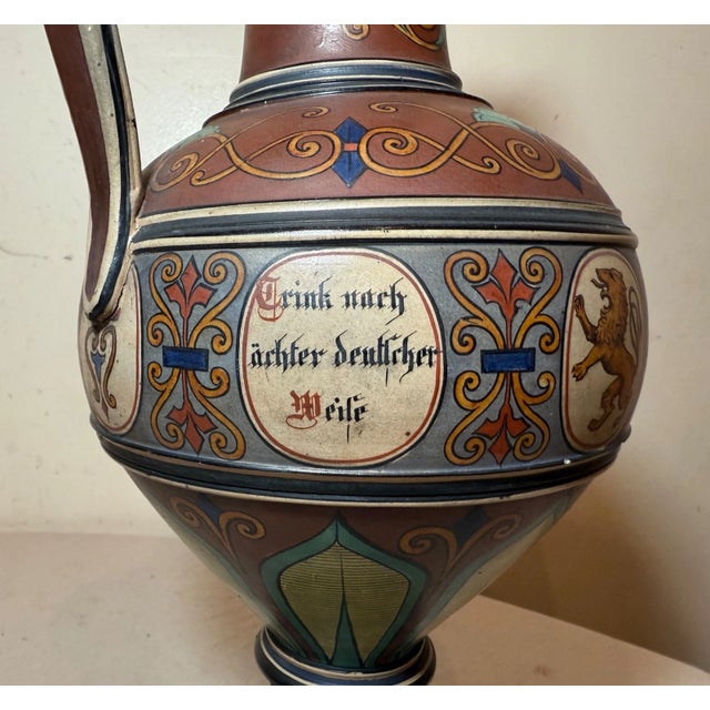 Huge Antique Handmade Armorial German Painted Pottery Beer Pitcher Stein Ewer For Sale - Image 16 of 18