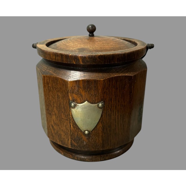 Mid 20th Century Vintage Antique Oak Biscuit Jar With Silverplate Handle & Shield For Sale - Image 5 of 6