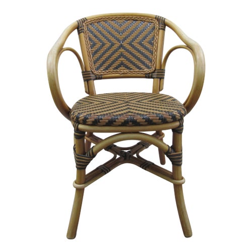 1970s Vintage Bistro Style Rattan Curled Woven Back and Seat Arm Chair