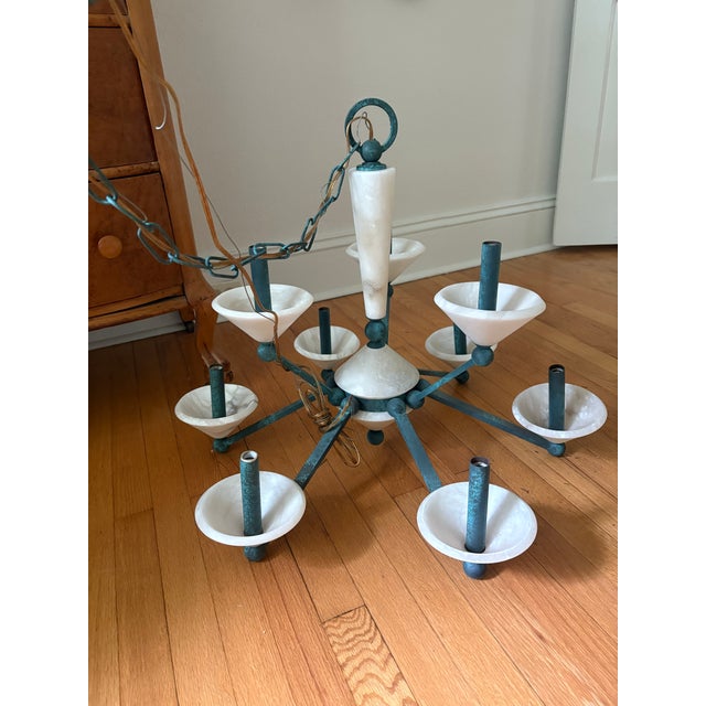 White 1980s Marble and Verdigris Copper Chandelier For Sale - Image 8 of 8