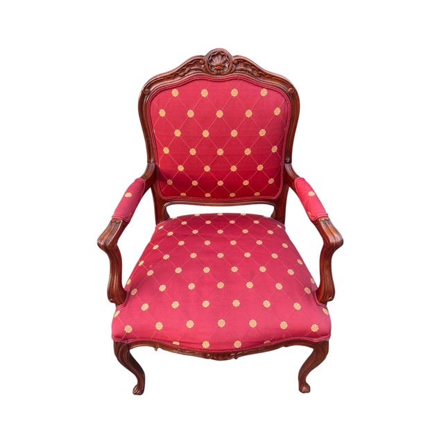 French Provincial Ethan Allen French Louis XV Style Carved Cherry Armchair in Red & Gold For Sale - Image 3 of 12