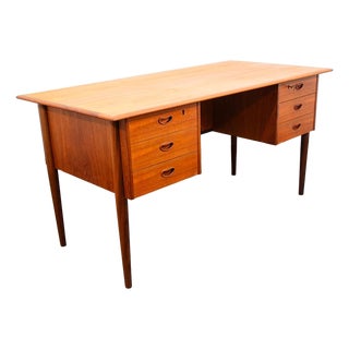Mid Century Danish Modern Desk Executive Teak 6 Drawer Bookshelf Floating Doors For Sale