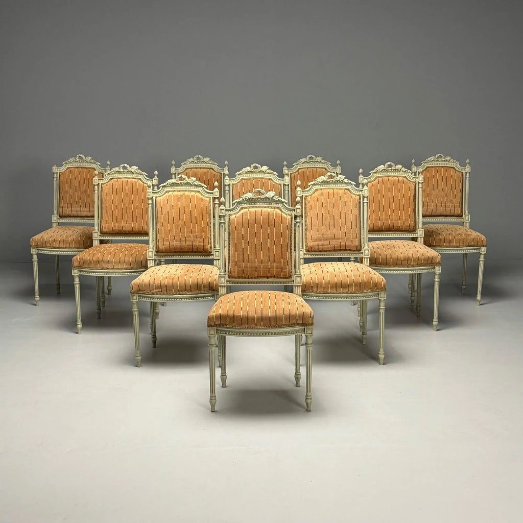 Swedish Louis XVI Style, Ten Dining Chairs, Grey Carved Wood