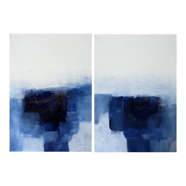 Geometric Modern Abstract Signed Limited Edition Prints Pair Diptych Navy For Sale