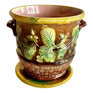 Antique Majolica Cachepot With Liner For Sale