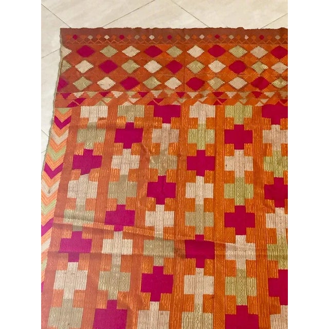 Antique Phulkari Wedding Shawl, Bright Colors of Silk Embroidery on Cotton For Sale In Palm Springs - Image 6 of 13
