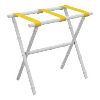 White Wood Bamboo Inspired Luggage Rack with 3 Yellow Nylon Straps For Sale