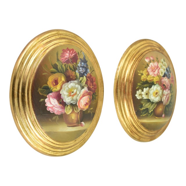Antique Mid Century Modern Convex Italian Oil Painting Set Wooden Panel | Oval Still Life Flowers Wall Decor | Golden Frame Regency Floral - a Pair For Sale