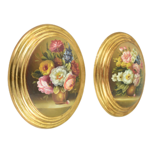 Antique Mid Century Modern Convex Italian Oil Painting Set Wooden Panel | Oval Still Life Flowers Wall Decor | Golden Frame Regency Floral - a Pair