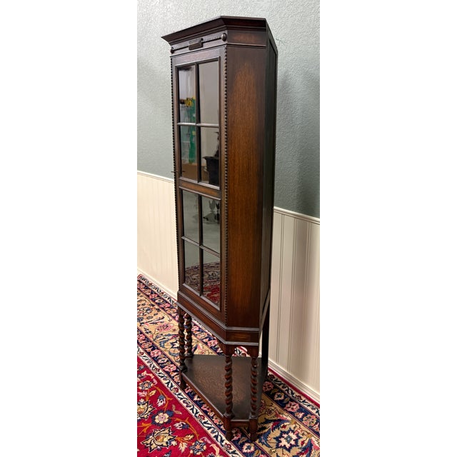 Antique English Jacobean Corner Cabinet Barley Twist Legs Glass Door Oak 1920s For Sale - Image 13 of 17