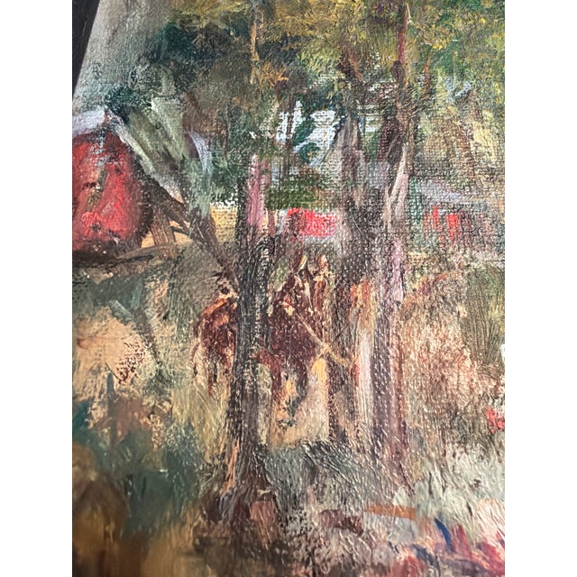 1960s Original Signed Rural Landscape Painting With Barn and Horse and Children & Dog in Black Wood Frame For Sale - Image 10 of 16