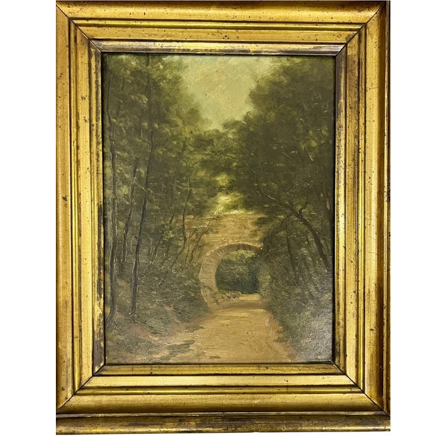Charming French 19th century antique French landscape painting depicting a peaceful woodland path beneath mature trees,...