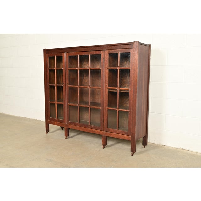 Mission Stickley Brothers Style Antique Mission Oak Arts & Crafts Glass Front Triple Bookcase, Circa 1910 For Sale - Image 3 of 11