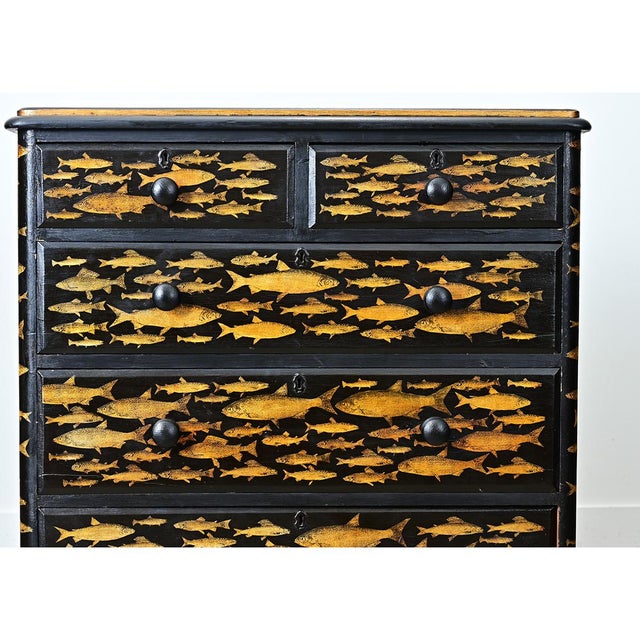 English 19th Century Pine Painted Chest with Fish Decoupage For Sale - Image 9 of 11