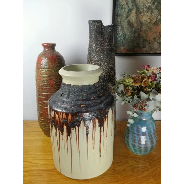 Mid-Century Beige and Brown Drip Glazed Ceramic Vase, 1970s For Sale - Image 4 of 7