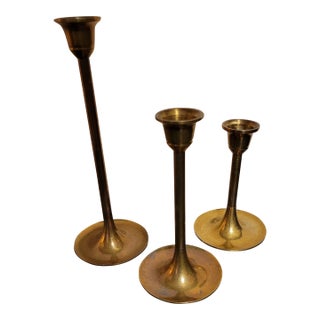 Vintage Brass Candle Holders- Set of 3 For Sale