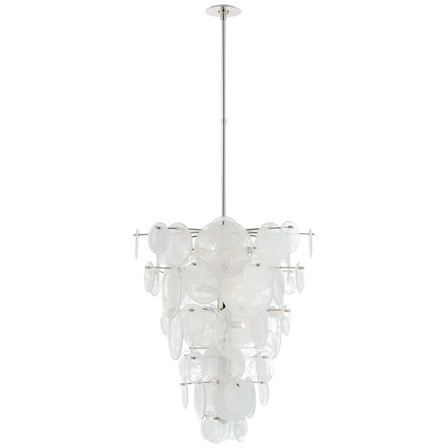 Loire Cascading Chandelier in Polished Nickel with White Strie Glass Designer: AERIN Fixture Height: 35.75" Min. Custom...