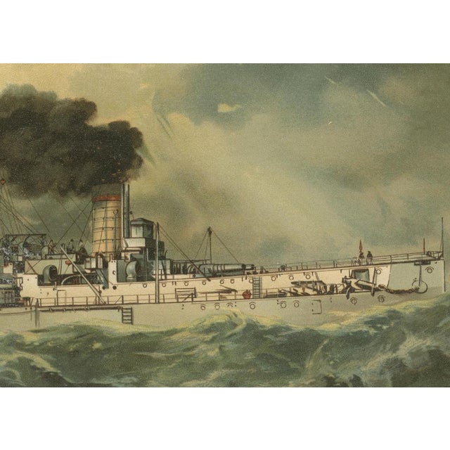 Title: sms baden: german coastal defense ship in turbulent seas – 1903 chromolithograph this 1903 chromolithograph by hugo...