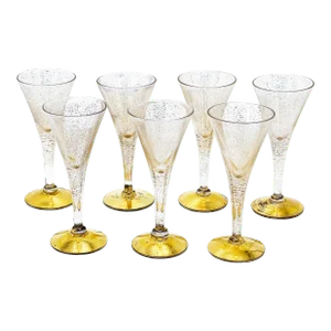Mid Century Stemmed Short Ultra-Glam 22kt Gold Speckled Aperitif Glasses - 7 Pieces