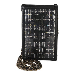 Black Tweed PVC Calfskin Logo Clutch With Chain For Sale