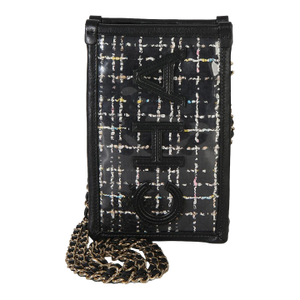 Black Tweed PVC Calfskin Logo Clutch With Chain