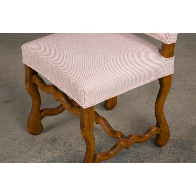 Antique French Louis XIII Style Os De Mouton Oak Dining Chairs W/ Striped Blush Pink Chenille- Set o For Sale - Image 9 of 12