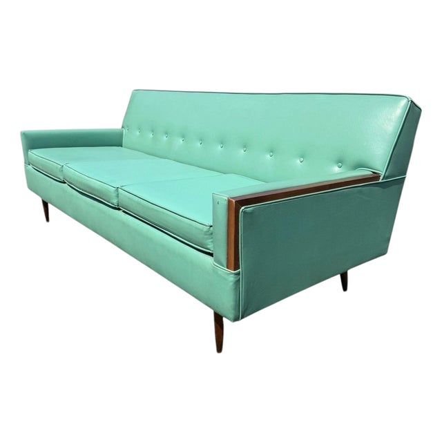Mid-Century Modern Turquoise & Walnut Sofa For Sale