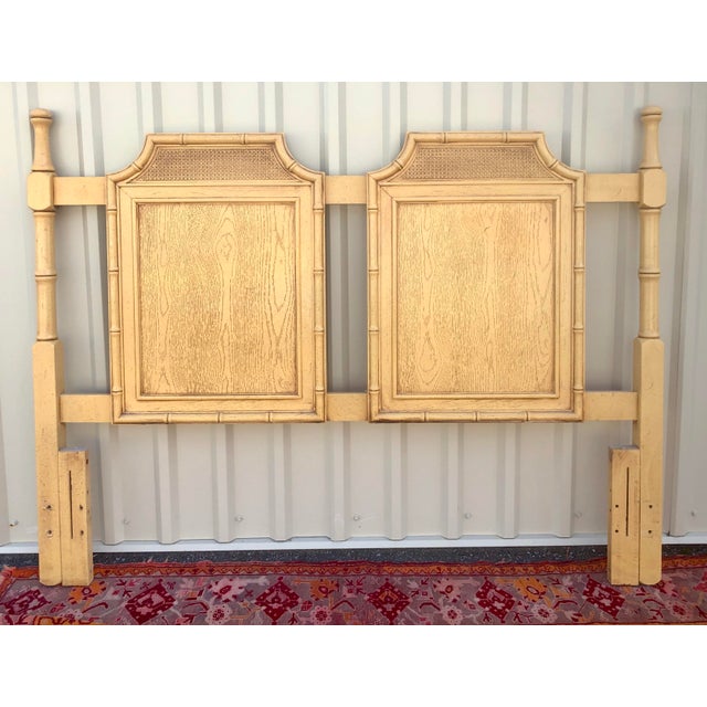 Vintage Chinoiserie Faux Bois and Bamboo Caned Pagoda Queen Headboard