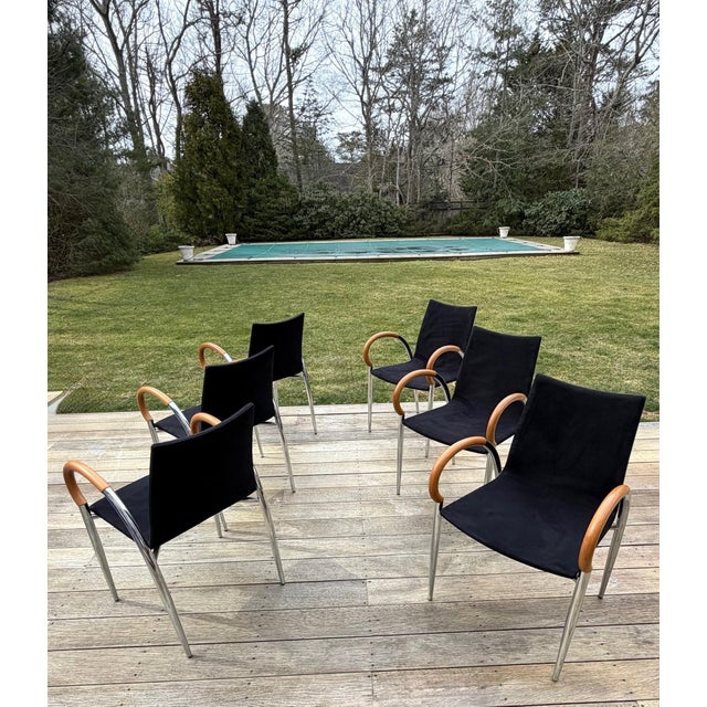 Set of 6 Dining Chairs in Black, Chrome and Wood For Sale - Image 13 of 18